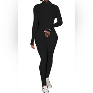 Super Stretchy Ribbed Long Sleeve Black Bodycon Jumpsuit with Front Zipper